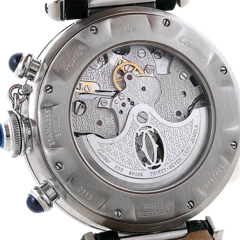 The image shows the back case and visible movement of a Cartier Pasha W3103055 Men's Stainless Steel Silver Dial W3103055 Men's Stainless Steel Silver Dial watch, highlighting its intricate internal mechanisms.