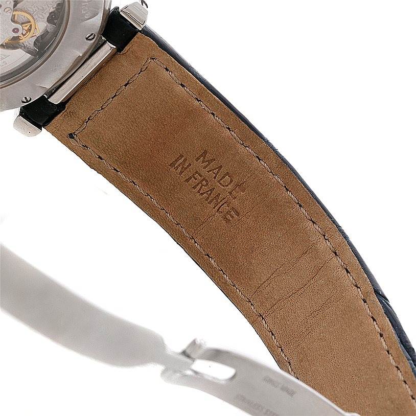 This image shows the back of the strap and part of the clasp of a Cartier Pasha W3103055 Men's Stainless Steel Silver Dial W3103055 Men's Stainless Steel Silver Dial watch, with "Made in France" embossed on the leather.