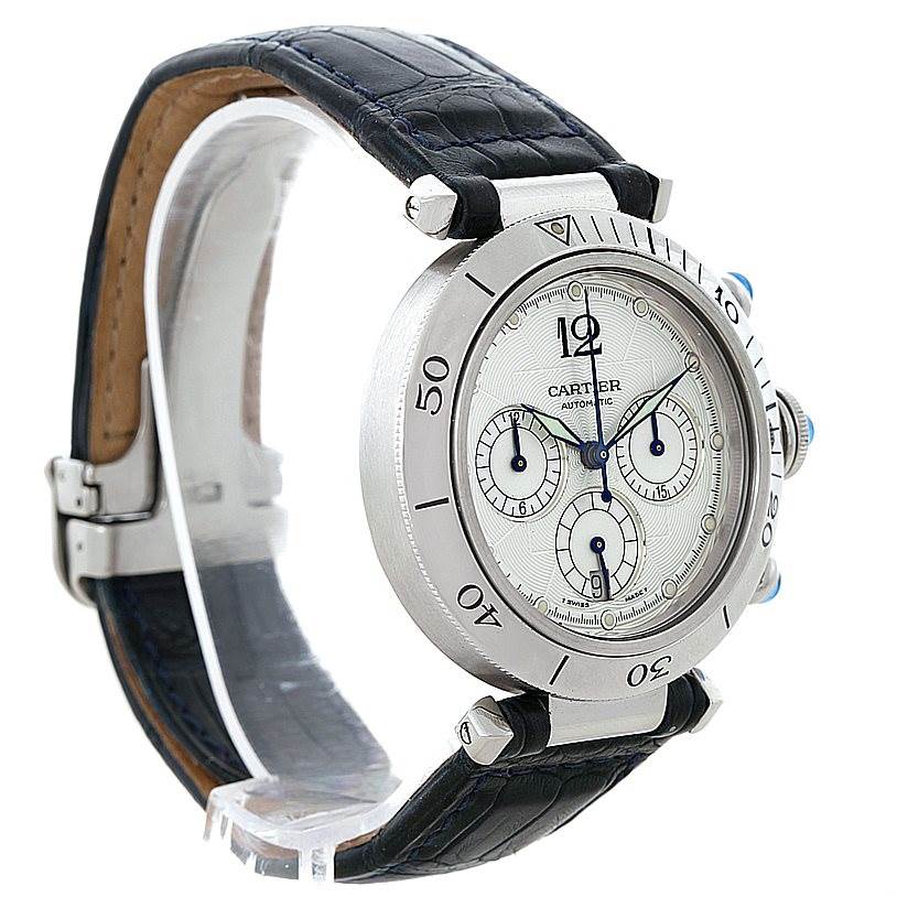 The Cartier Pasha W3103055 Men's Stainless Steel Silver Dial W3103055 Men's Stainless Steel Silver Dial watch is shown from an angled side view, highlighting the dial, bezel, and leather strap.