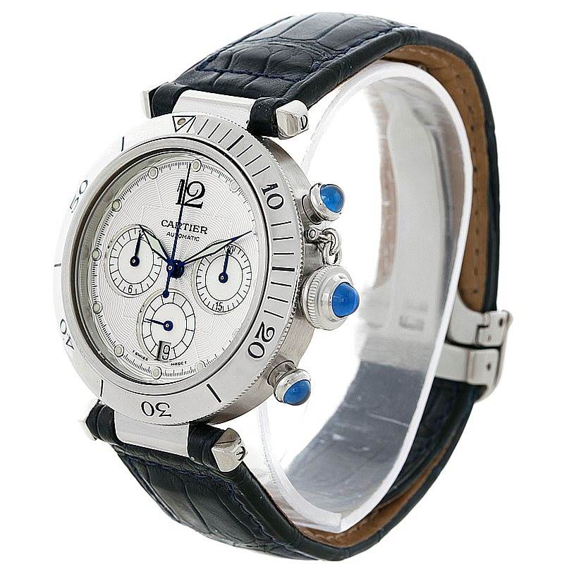 The image shows a Cartier Pasha W3103055 Men's Stainless Steel Silver Dial W3103055 Men's Stainless Steel Silver Dial watch at an angled side view, highlighting its dial, bezel, crown, and strap.