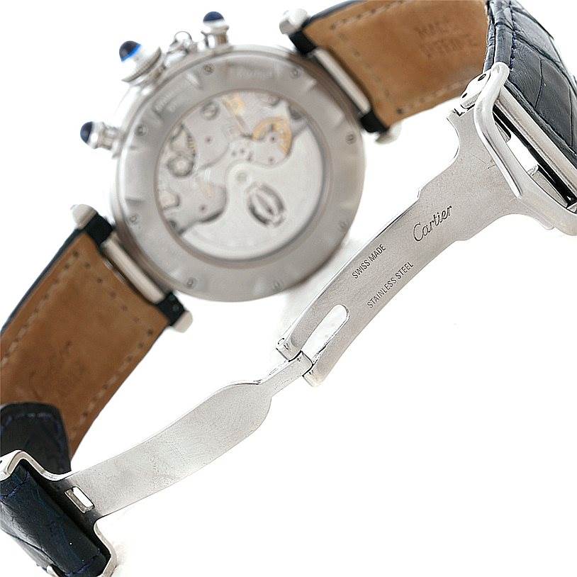 This image shows the back view of the Cartier Pasha W3103055 Men's Stainless Steel Silver Dial W3103055 Men's Stainless Steel Silver Dial watch, highlighting its movement and clasp.