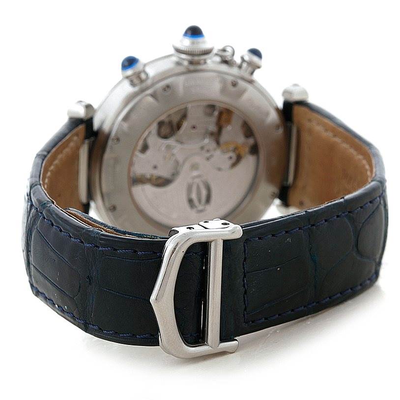 This image shows the back view of a Cartier Pasha W3103055 Men's Stainless Steel Silver Dial W3103055 Men's Stainless Steel Silver Dial watch, highlighting the leather strap, clasp, and the transparent case back.