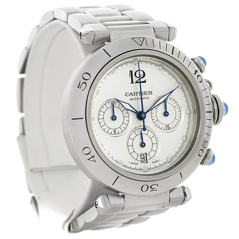 The Cartier Pasha W31030H3 Men's Stainless Steel Silver Dial W31030H3 Men's Stainless Steel Silver Dial watch is shown at a three-quarter angle, displaying the dial, bezel, crown, and part of the bracelet.