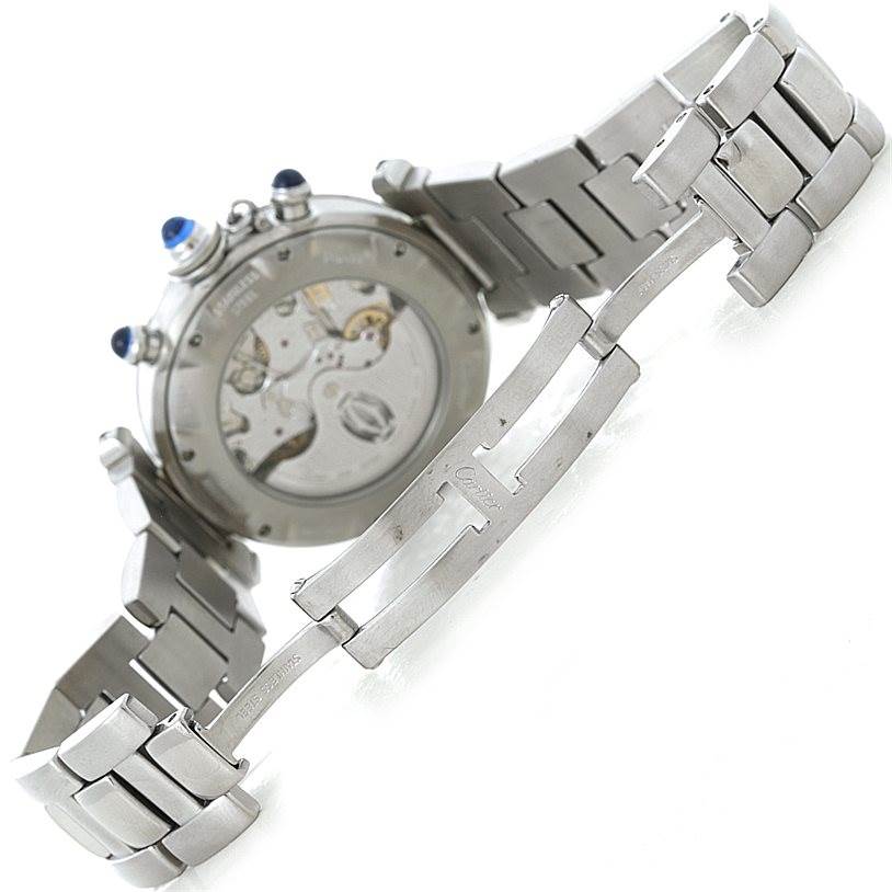 The image shows the back case and bracelet of a Cartier Pasha W31030H3 Men's Stainless Steel Silver Dial W31030H3 Men's Stainless Steel Silver Dial watch, including the open clasp and visible movement.