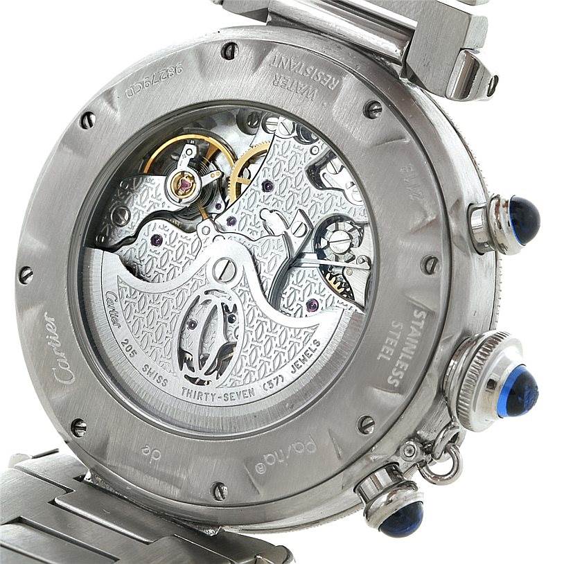 The image shows the back view of a Cartier Pasha W31030H3 Men's Stainless Steel Silver Dial W31030H3 Men's Stainless Steel Silver Dial watch, highlighting its internal mechanisms and movement.