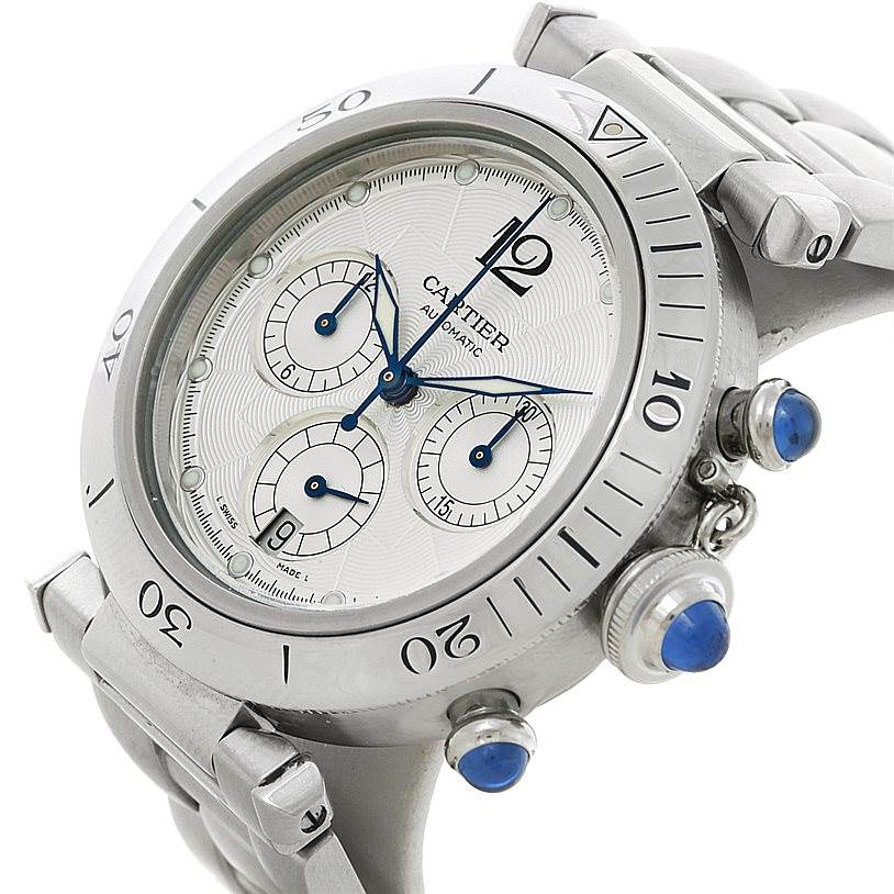 This image shows a Cartier Pasha W31030H3 Men's Stainless Steel Silver Dial W31030H3 Men's Stainless Steel Silver Dial watch at a 3/4 angle, highlighting the face, bezel, crown, pushers, and part of the bracelet.