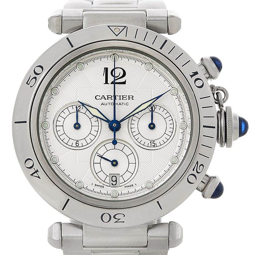 The image shows a front view of a Cartier Pasha W31030H3 Men's Stainless Steel Silver Dial W31030H3 Men's Stainless Steel Silver Dial watch, highlighting its face, subdials, bezel, and crown with blue accents.