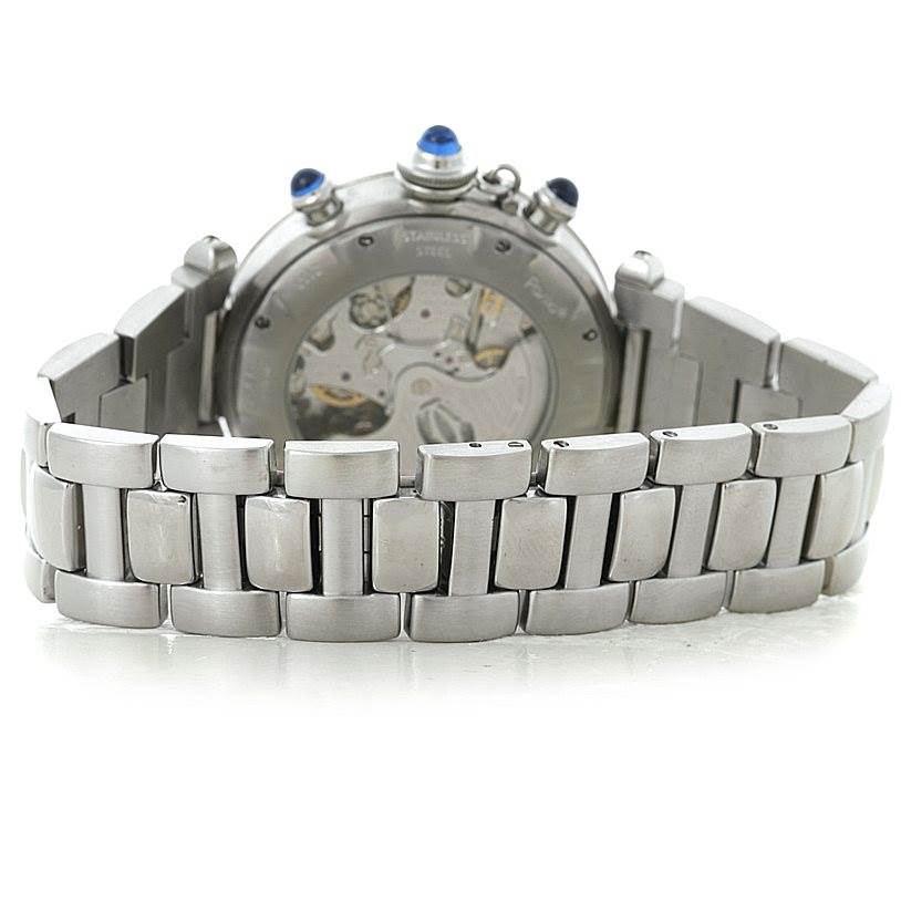 This image shows the back view of the Cartier Pasha W31030H3 Men's Stainless Steel Silver Dial W31030H3 Men's Stainless Steel Silver Dial watch, highlighting its metal bracelet and case back.