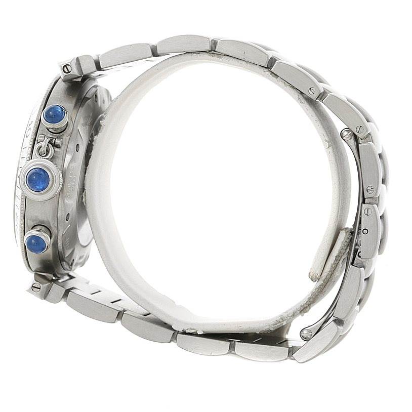 The image shows a side view of the Cartier Pasha W31030H3 Men's Stainless Steel Silver Dial W31030H3 Men's Stainless Steel Silver Dial watch, highlighting the crown and bracelet links.