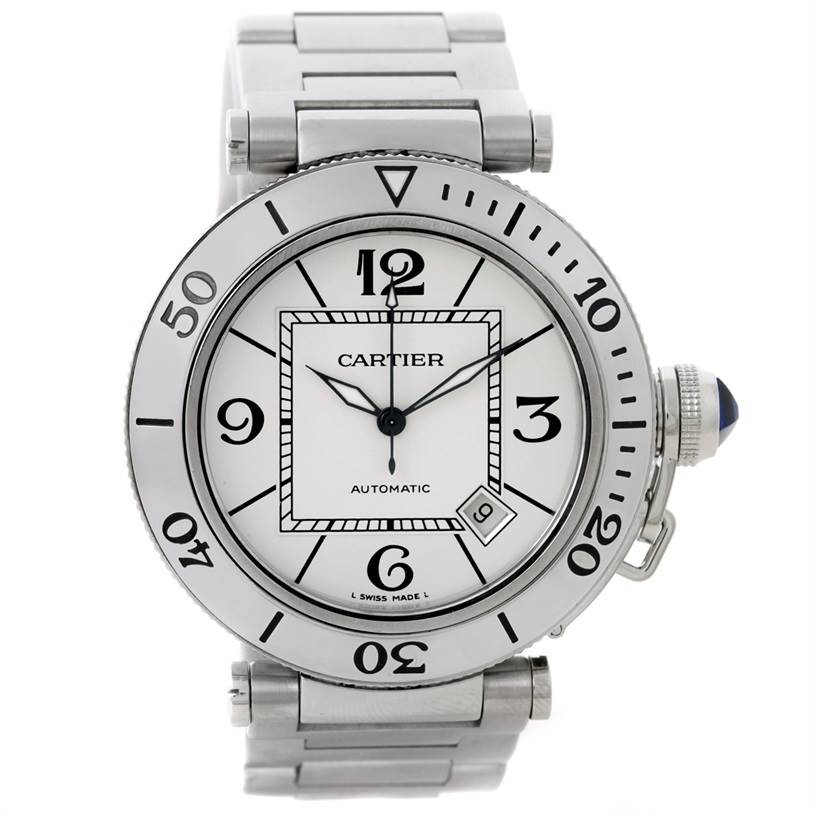 This Cartier Pasha W31080M7 Men
s Stainless Steel Silver Dial W31080M7 Men
s Stainless Steel Silver Dial model watch is shown from the front, displaying the face, bezel, and bracelet.