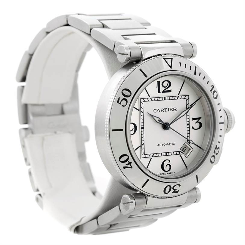 This image shows the front and side of a Cartier Pasha W31080M7 Men
s Stainless Steel Silver Dial W31080M7 Men
s Stainless Steel Silver Dial watch, highlighting its face, bezel, and metal bracelet.