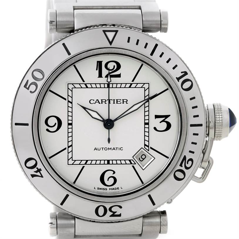 This image shows a front view of a Cartier Pasha W31080M7 Men
s Stainless Steel Silver Dial W31080M7 Men
s Stainless Steel Silver Dial automatic watch displaying its dial, bezel, and crown.