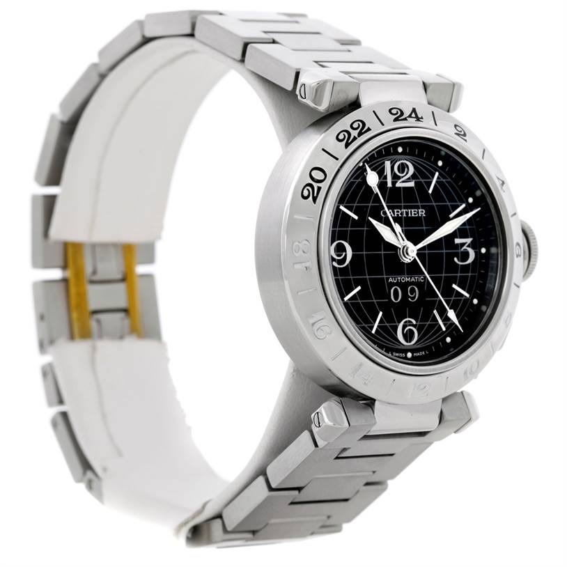 This image shows a Cartier Pasha W31049M7 Men's Stainless Steel Black Dial W31049M7 Men's Stainless Steel Black Dial watch at a three-quarter angle, highlighting the face, bezel, and part of the bracelet.