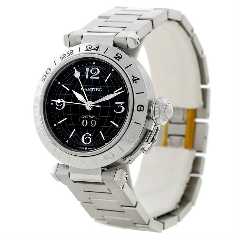 Cartier Pasha C GMT Mens Steel Black Dial Watch W31049M7 SwissWatchExpo
