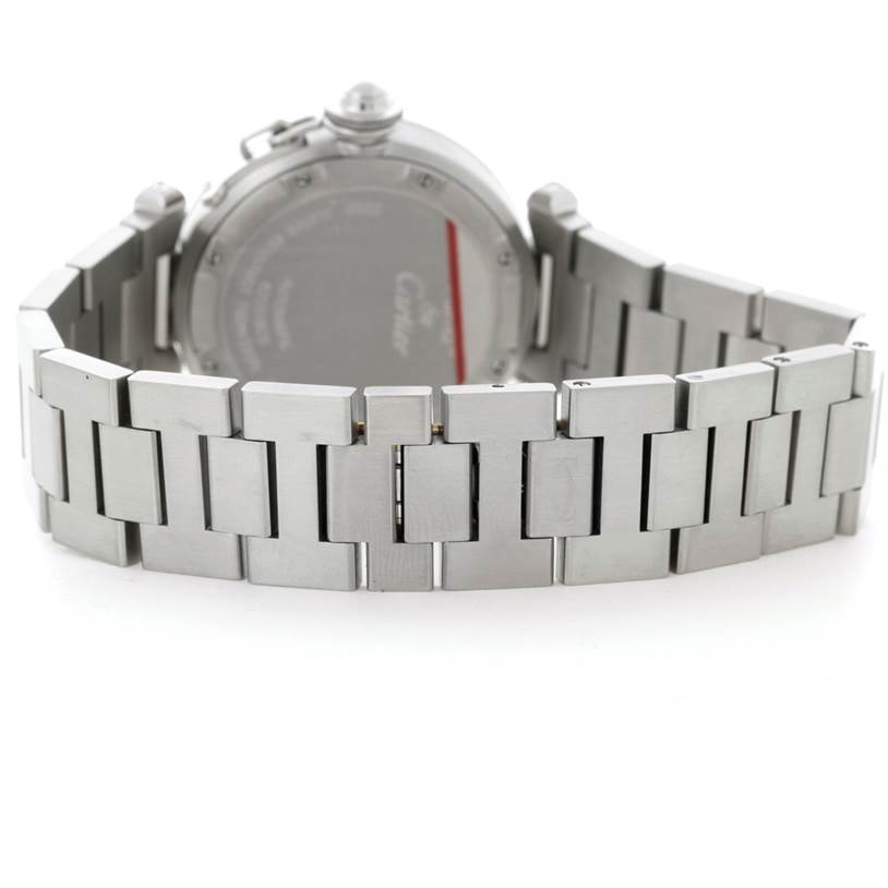 The image shows the rear view of a Cartier Pasha W31049M7 Men's Stainless Steel Black Dial W31049M7 Men's Stainless Steel Black Dial watch, focusing on its polished stainless steel bracelet and case back.