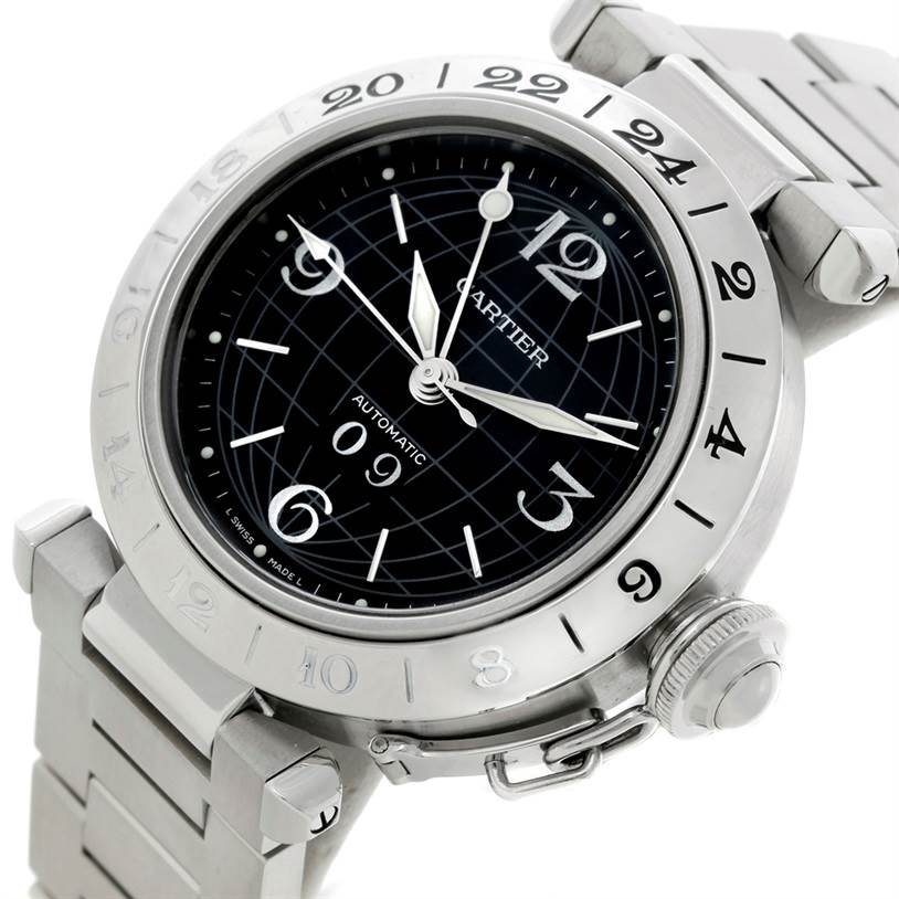 The image shows a close-up angled view of a Cartier Pasha W31049M7 Men's Stainless Steel Black Dial W31049M7 Men's Stainless Steel Black Dial watch, highlighting its dial, bezel, crown, and bracelet.