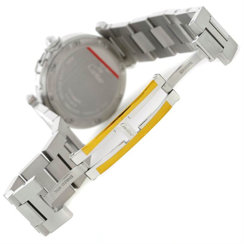 The image shows the back and clasp of the Cartier Pasha W31049M7 Men's Stainless Steel Black Dial W31049M7 Men's Stainless Steel Black Dial watch with a focus on its stainless steel and gold bracelet.