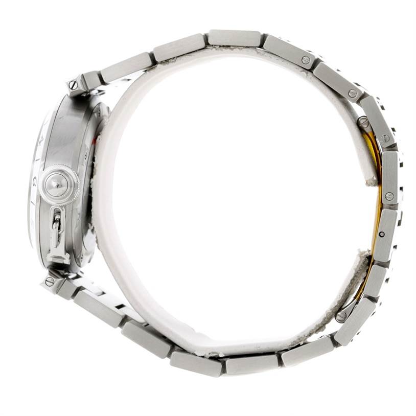 The image shows a side profile of a Cartier Pasha W31049M7 Men's Stainless Steel Black Dial W31049M7 Men's Stainless Steel Black Dial watch, highlighting its bracelet and crown.