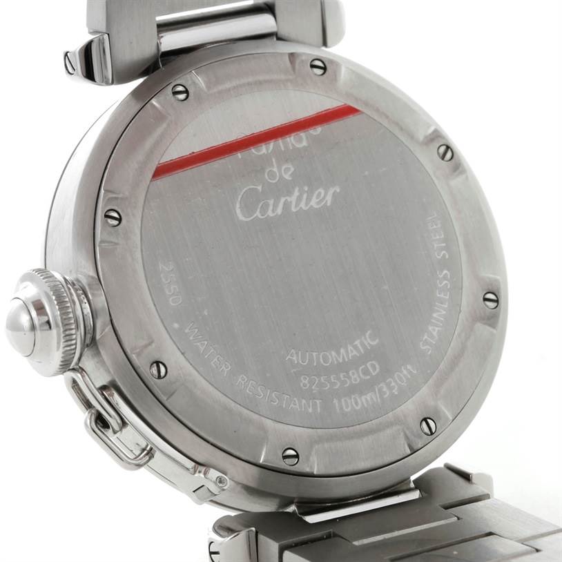 This image shows the back and part of the strap of a Cartier Pasha W31049M7 Men's Stainless Steel Black Dial W31049M7 Men's Stainless Steel Black Dial watch, revealing its stainless steel casing.