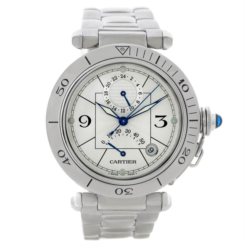 The image shows a front view of the Cartier Pasha W31037H3 Men
s Stainless Steel Silver Dial W31037H3 Men
s Stainless Steel Silver Dial watch, highlighting its silver dial, blue hands, and metal bracelet.