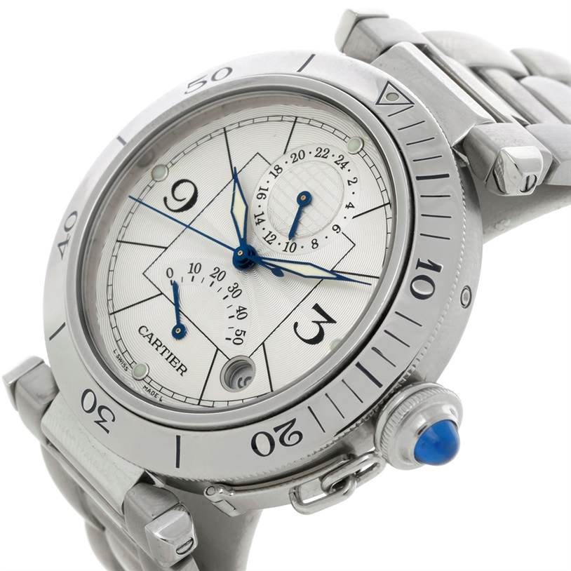 This Pasha model watch by Cartier is shown from an angled perspective, highlighting its face, crown, and part of its bracelet.