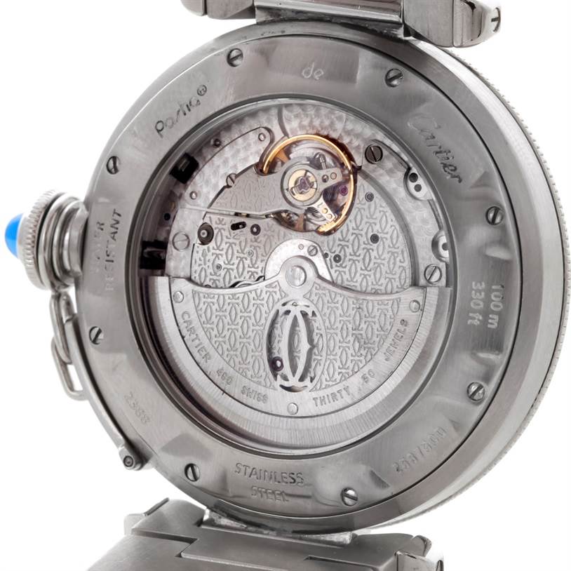 This image shows the back casing and inner mechanical movement of a Cartier Pasha W31037H3 Men
s Stainless Steel Silver Dial W31037H3 Men
s Stainless Steel Silver Dial watch.