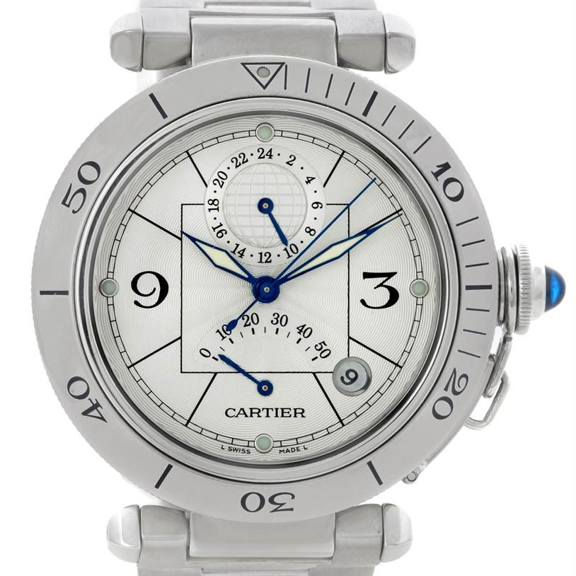 The image shows a front view of a Cartier Pasha W31037H3 Men
s Stainless Steel Silver Dial W31037H3 Men
s Stainless Steel Silver Dial watch, featuring the dial, bezel, crown, and part of the metal bracelet.