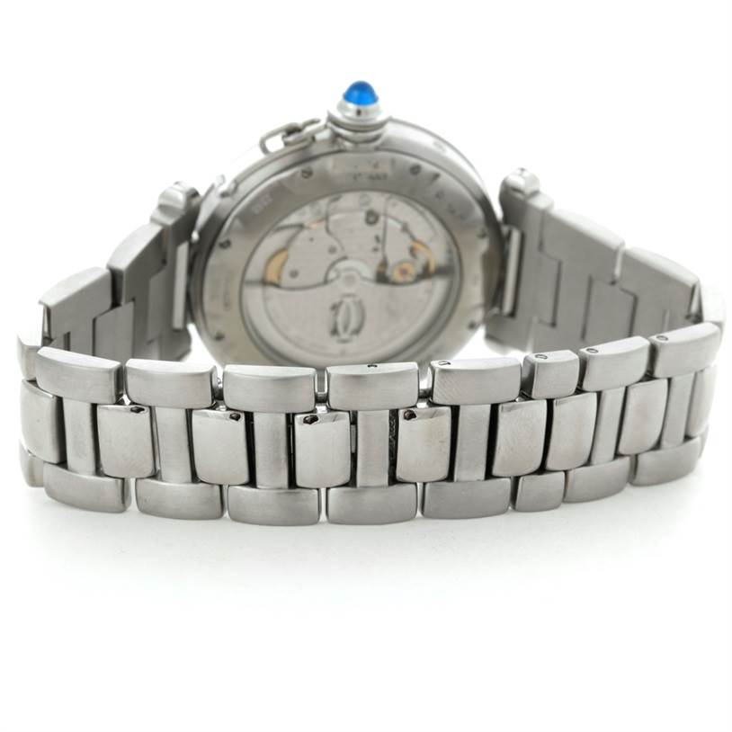 This Cartier Pasha W31037H3 Men
s Stainless Steel Silver Dial W31037H3 Men
s Stainless Steel Silver Dial watch is shown from the back, highlighting the rear case and bracelet.