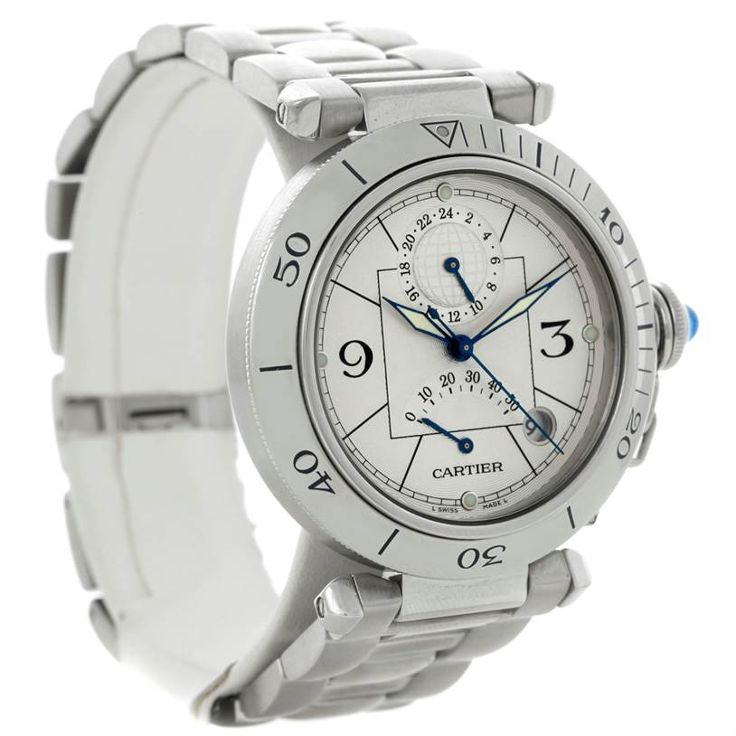 This Cartier Pasha W31037H3 Men
s Stainless Steel Silver Dial W31037H3 Men
s Stainless Steel Silver Dial watch is shown at an angle displaying the face, bezel, crown, and part of the metal bracelet.