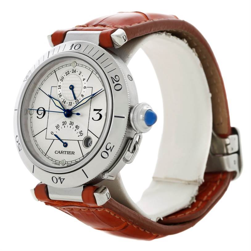 The image shows a Cartier Pasha W31037H3 Men's Stainless Steel Silver Dial W31037H3 Men's Stainless Steel Silver Dial watch at a side angle, displaying the face, bezel, crown, and leather strap.