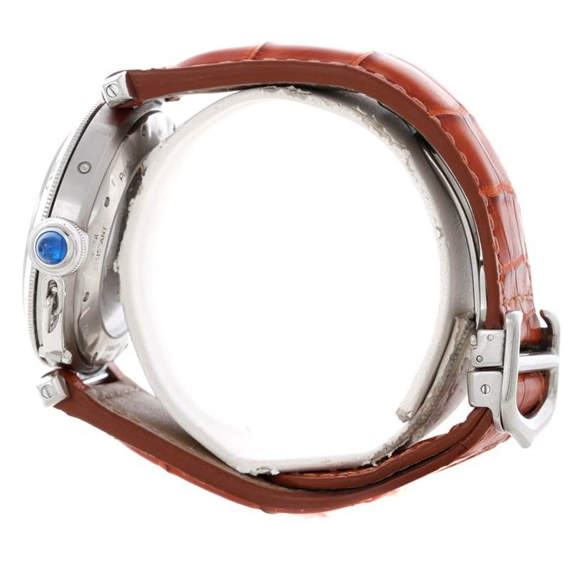 This image shows a side view of a Cartier Pasha W31037H3 Men's Stainless Steel Silver Dial W31037H3 Men's Stainless Steel Silver Dial watch, featuring its crown, case, and leather strap.