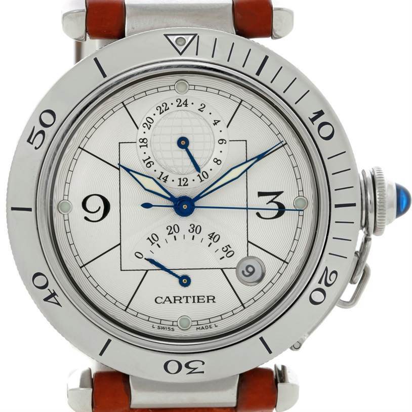 The image shows a frontal view of the Cartier Pasha W31037H3 Men's Stainless Steel Silver Dial W31037H3 Men's Stainless Steel Silver Dial watch, featuring its dial, bezel, and blue cabochon crown.