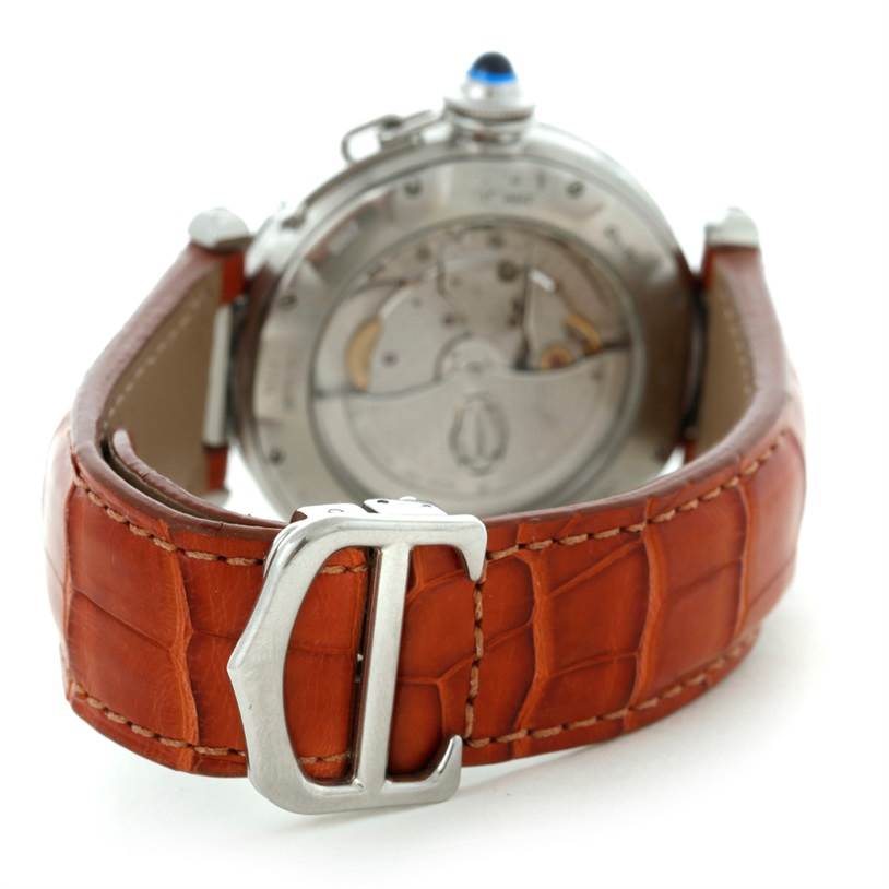 The image shows the Cartier Pasha W31037H3 Men's Stainless Steel Silver Dial W31037H3 Men's Stainless Steel Silver Dial watch from the rear, highlighting its buckle and transparent case back with visible movement.