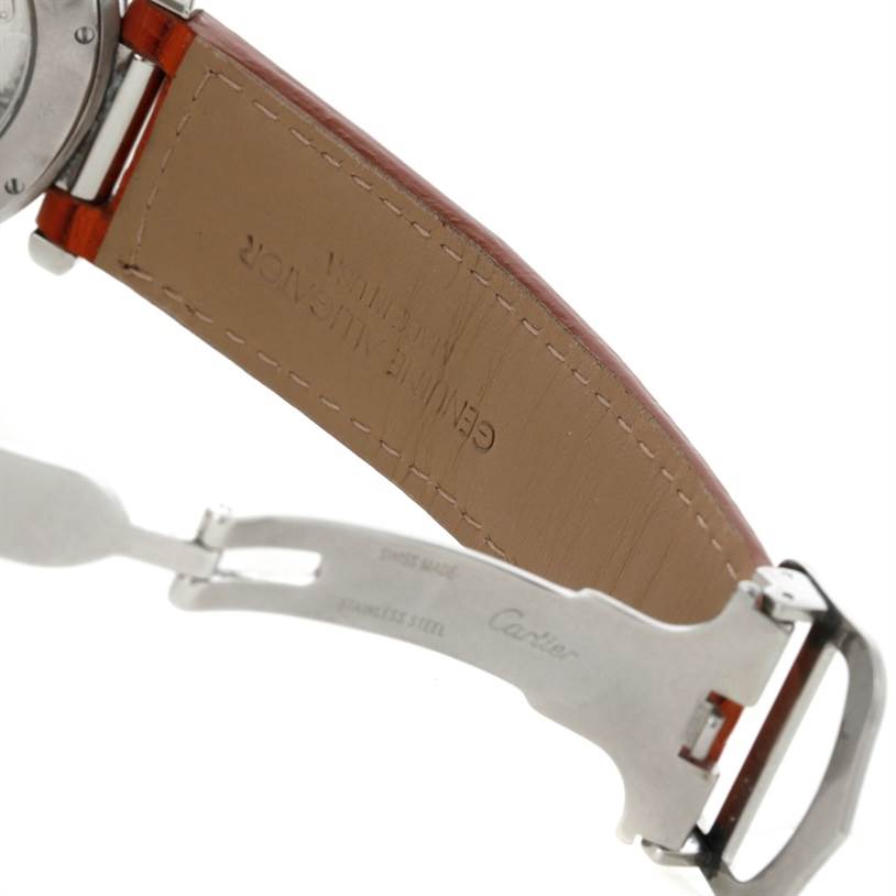 This close-up of the Cartier Pasha W31037H3 Men's Stainless Steel Silver Dial W31037H3 Men's Stainless Steel Silver Dial watch shows the backside of the leather strap and the stainless steel clasp.