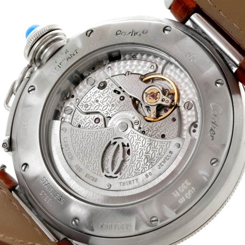 This image shows the back view of the Cartier Pasha W31037H3 Men's Stainless Steel Silver Dial W31037H3 Men's Stainless Steel Silver Dial watch, highlighting its intricate inner mechanisms.