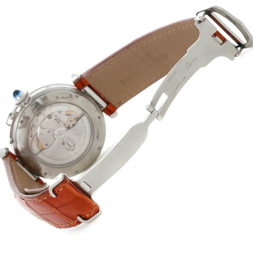 This image shows the back and strap of a Cartier Pasha W31037H3 Men's Stainless Steel Silver Dial W31037H3 Men's Stainless Steel Silver Dial watch, including its clasp and movement mechanism.