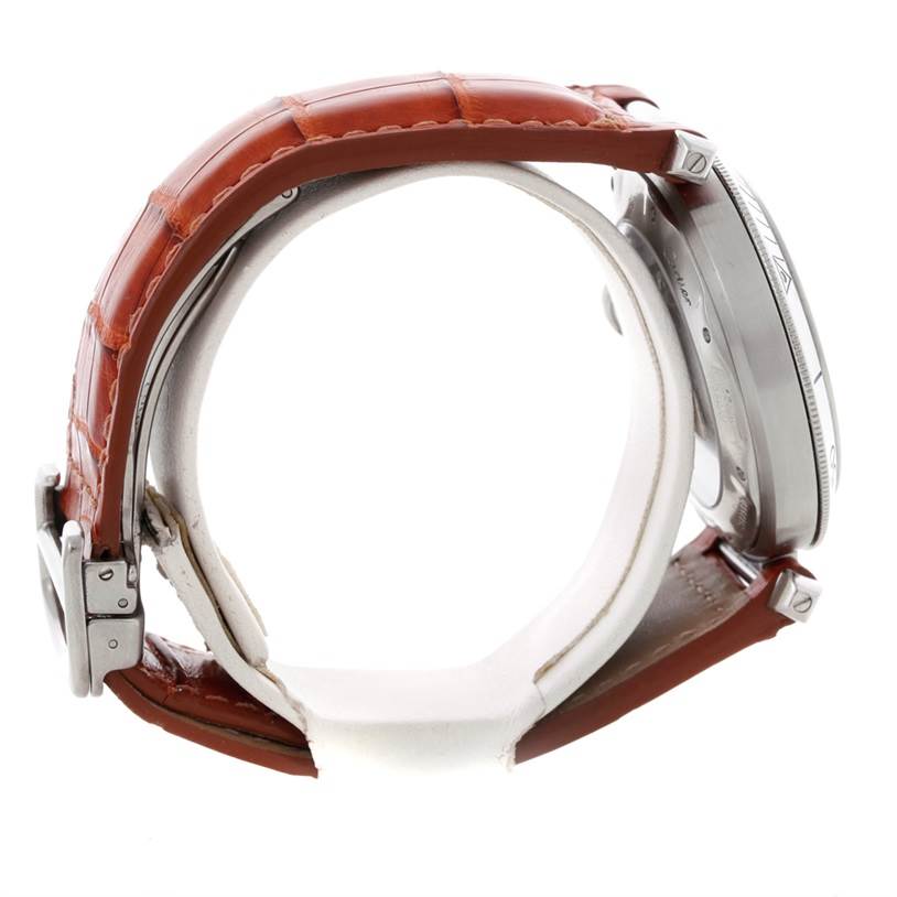 The image shows a Cartier Pasha W31037H3 Men's Stainless Steel Silver Dial W31037H3 Men's Stainless Steel Silver Dial watch from a side profile, highlighting the strap, buckle, and case.