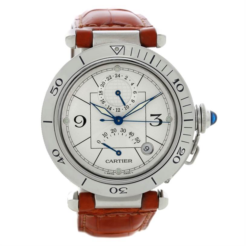 The image shows a front view of the Cartier Pasha W31037H3 Men's Stainless Steel Silver Dial W31037H3 Men's Stainless Steel Silver Dial model watch with a brown leather strap.