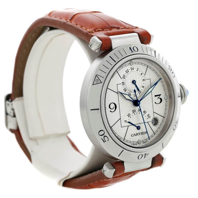 This Cartier Pasha W31037H3 Men's Stainless Steel Silver Dial W31037H3 Men's Stainless Steel Silver Dial watch is shown at a three-quarter angle featuring its face, bezel, crown, and brown leather strap.