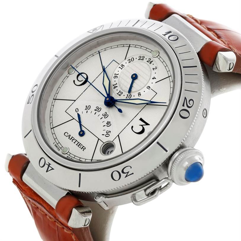 The image shows a Cartier Pasha W31037H3 Men's Stainless Steel Silver Dial W31037H3 Men's Stainless Steel Silver Dial watch at an angled view, focusing on the dial, bezel, and part of the brown leather strap.