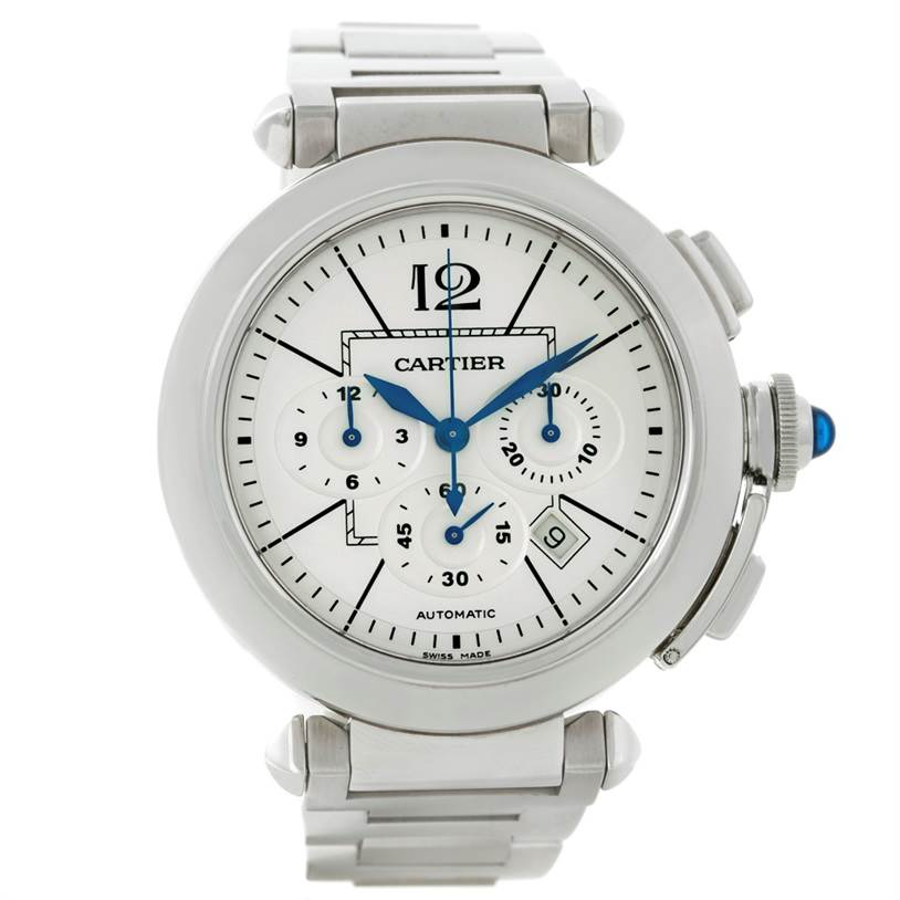 The image shows a front view of the Cartier Pasha W31085M7 Men's Stainless Steel Silver Dial W31085M7 Men's Stainless Steel Silver Dial watch, displaying its dial, chronograph subdials, and metallic bracelet.