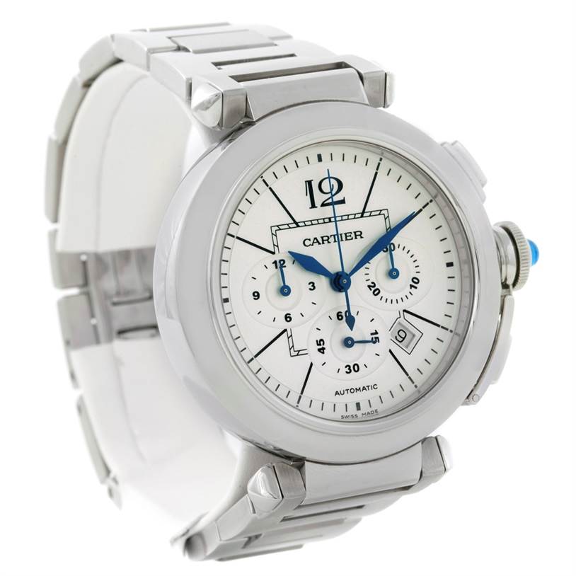 The image shows a Cartier Pasha W31085M7 Men's Stainless Steel Silver Dial W31085M7 Men's Stainless Steel Silver Dial model watch from a front-left angle, displaying the dial, subdials, and metal bracelet.