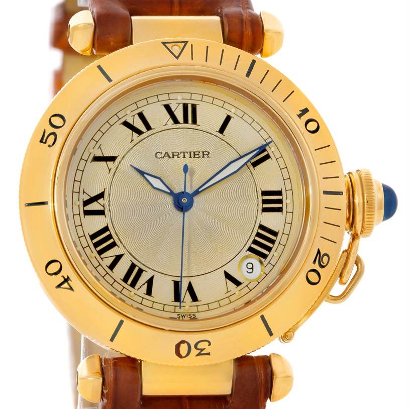 This image shows a close-up, frontal view of the Cartier Pasha 10351 Men's Yellow Gold Silver Dial 10351 Men's Yellow Gold Silver Dial watch, highlighting its dial, bezel, and leather strap.
