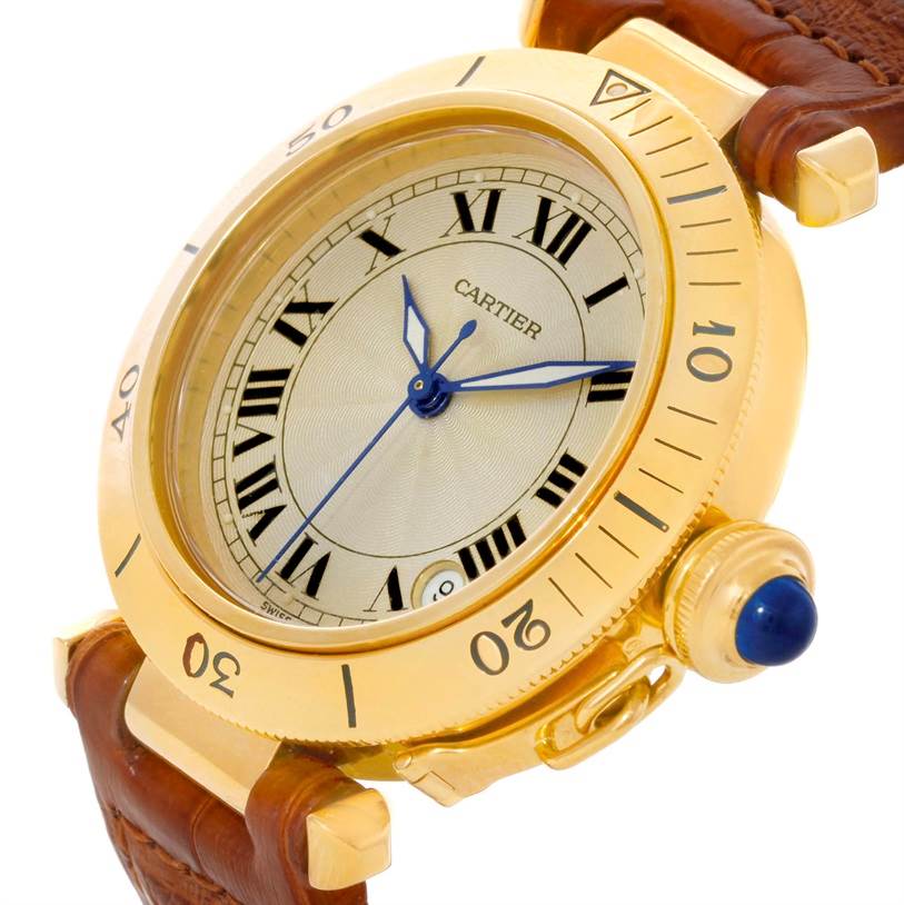The image shows a Cartier Pasha 10351 Men's Yellow Gold Silver Dial 10351 Men's Yellow Gold Silver Dial watch at an angled close-up, highlighting its dial, bezel, crown, and part of the strap.