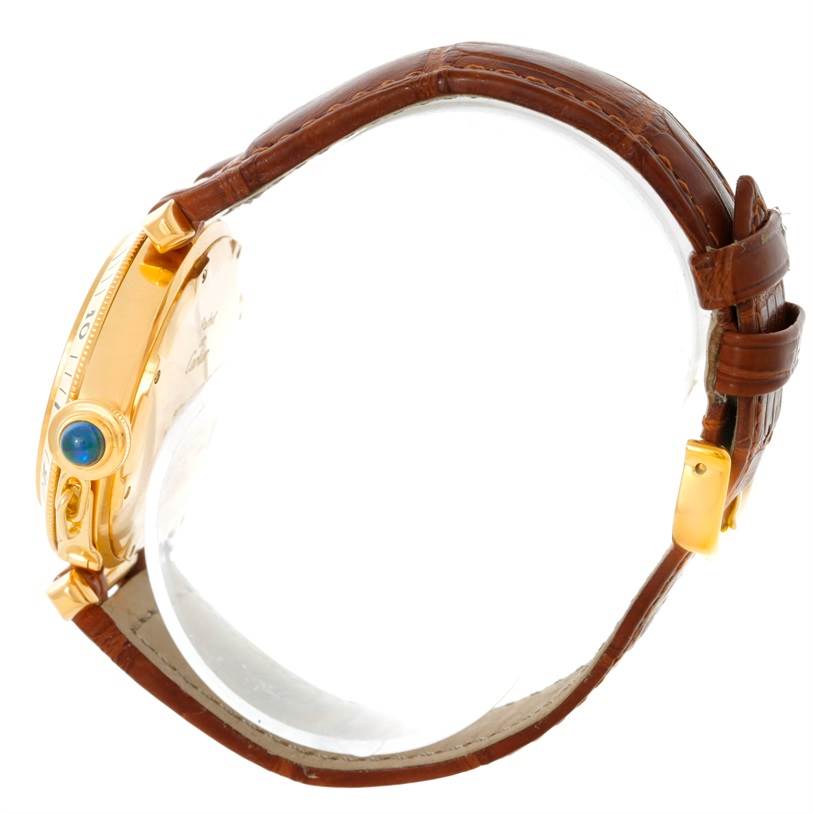 The image shows a Cartier Pasha 10351 Men's Yellow Gold Silver Dial 10351 Men's Yellow Gold Silver Dial watch from the side, highlighting the crown, case, and leather strap.