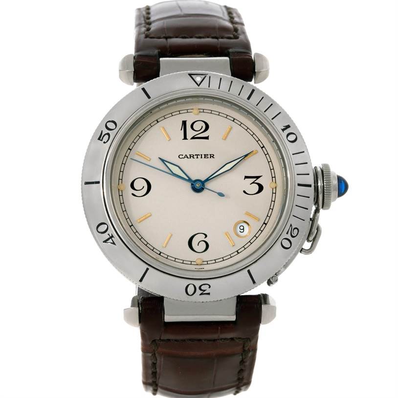 This image shows a Cartier Pasha Stainless Steel Silver Dial Stainless Steel Silver Dial model watch from a front angle, detailing its face, bezel, crown, and leather strap.