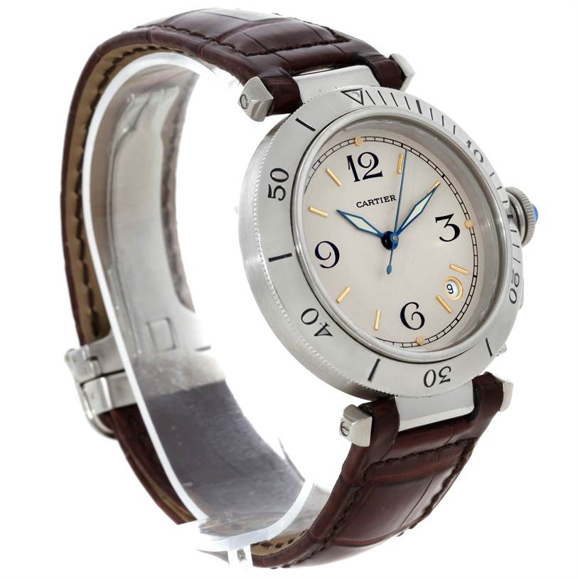 This Cartier Pasha Stainless Steel Silver Dial Stainless Steel Silver Dial watch is shown at a slight angle, highlighting the face, bezel, and leather strap.