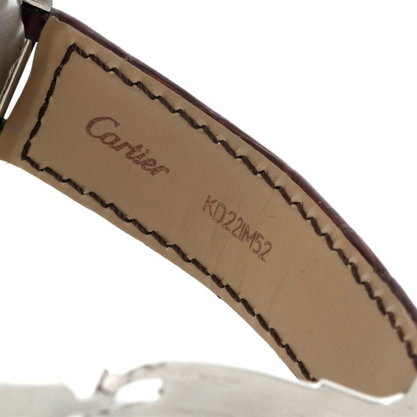 The image shows the stitched inner side of a Cartier Pasha Stainless Steel Silver Dial Stainless Steel Silver Dial watch strap with the brand name.