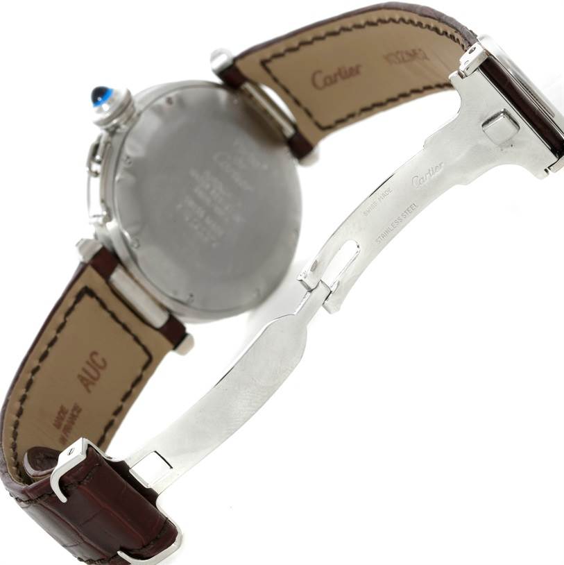 This image shows the back view of a Cartier Pasha Stainless Steel Silver Dial Stainless Steel Silver Dial watch, highlighting the case back, leather strap, and deployment clasp.