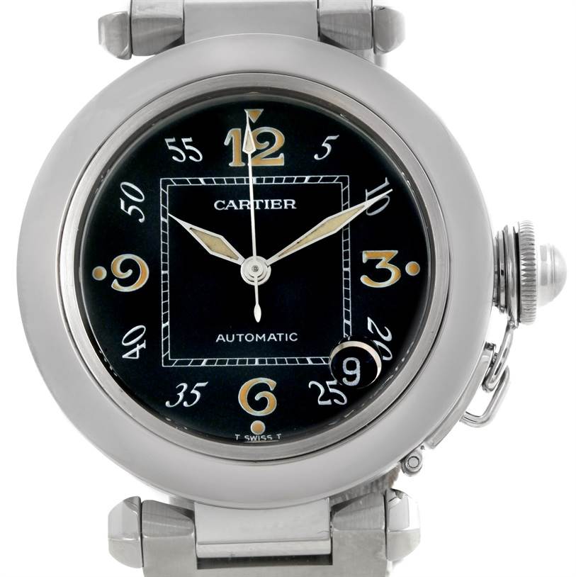 The image shows a front view of a Cartier Pasha W31043M7 Stainless Steel Black Dial W31043M7 Stainless Steel Black Dial watch, highlighting its dial, bezel, crown, and part of the bracelet.
